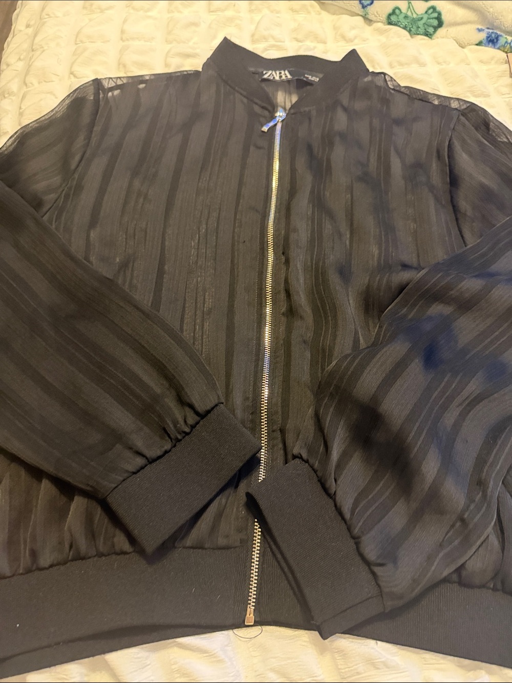 Zara Black Sheer-Striped Bomber Jacket